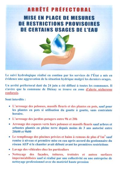 arrêté préfectoral de restrictions provisoires de certains usages de l'eau