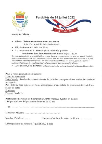 flyer inscription au repas du 14 juillet 2022
